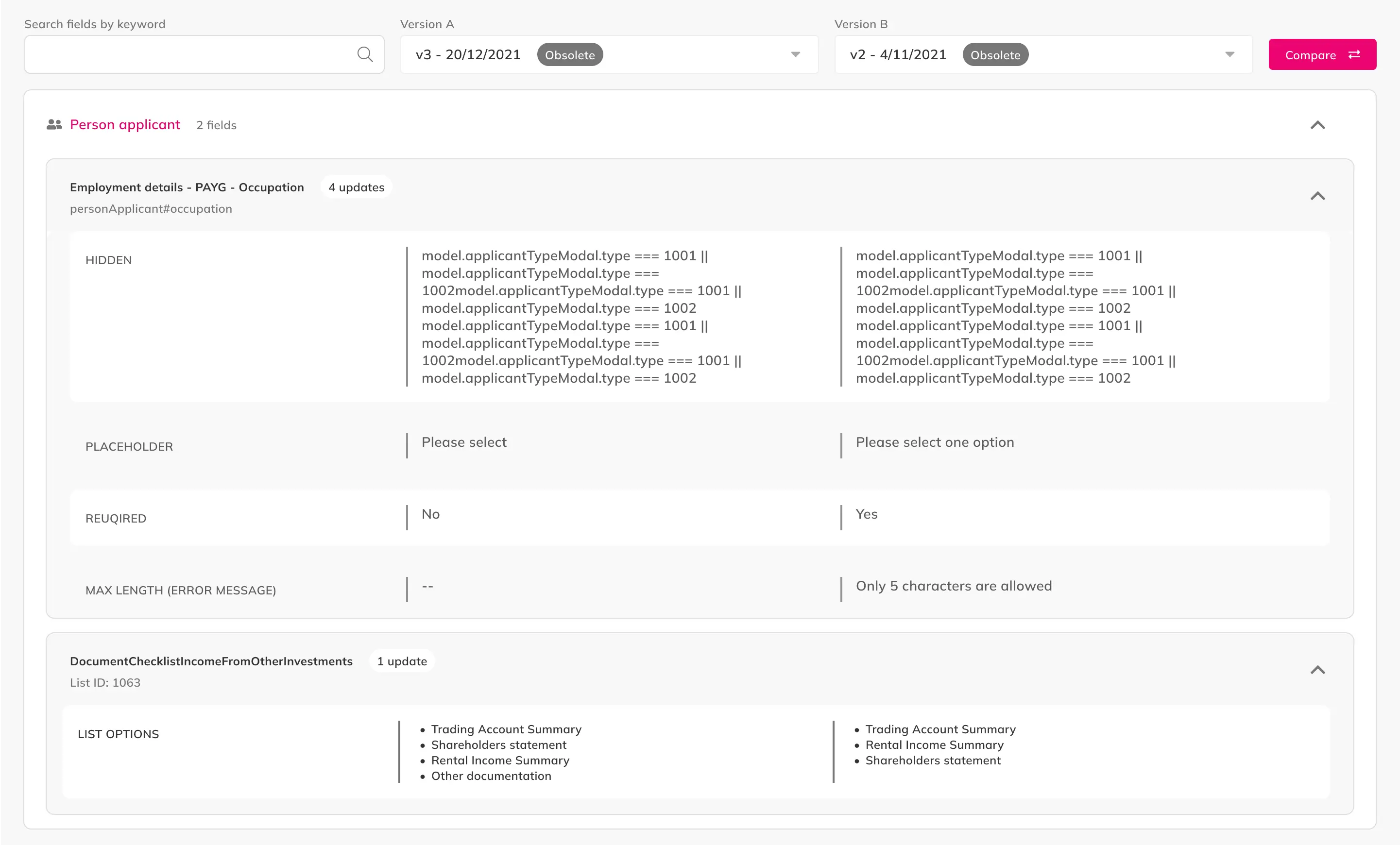 User can compare two versions